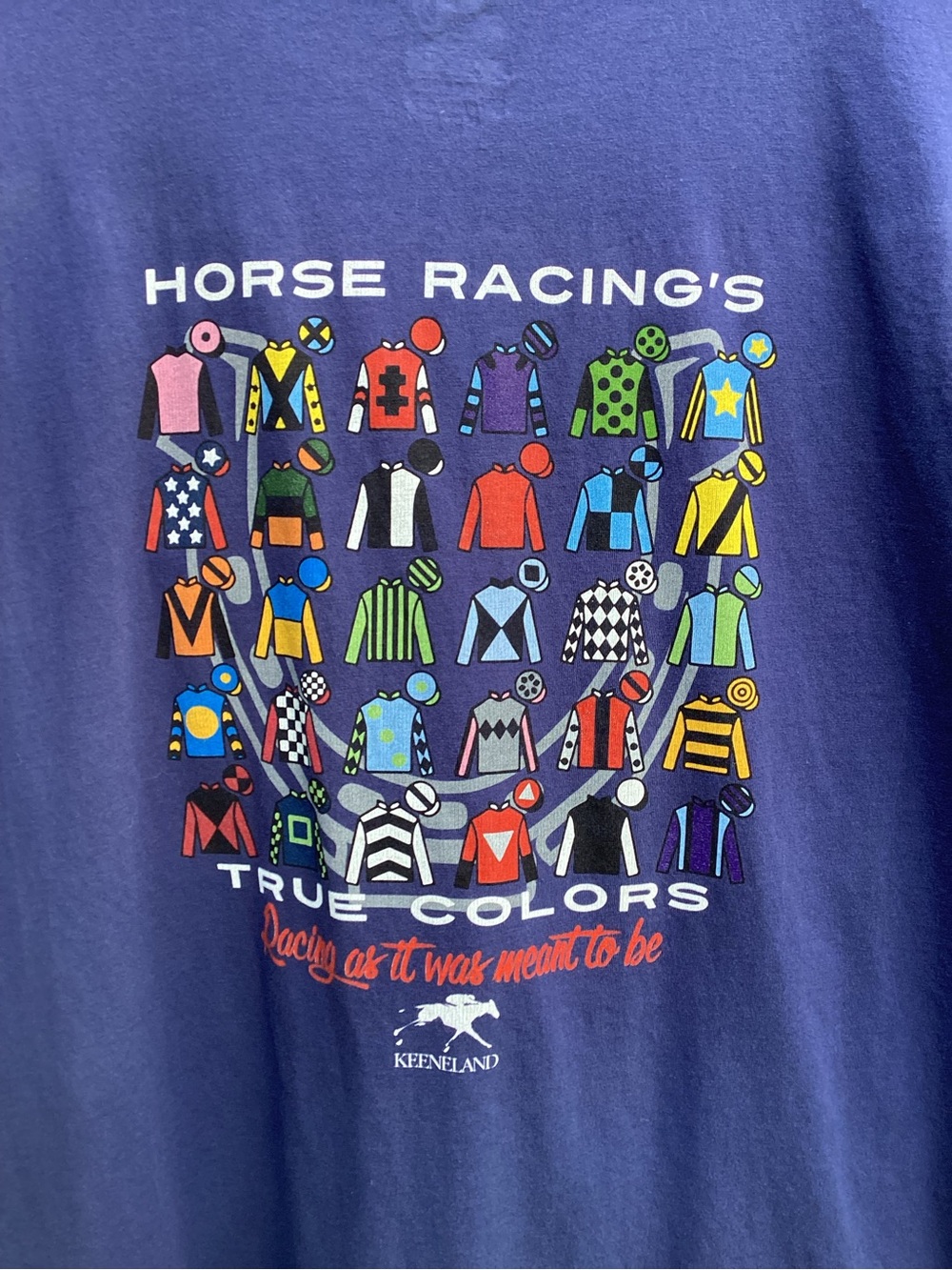 Keeneland Race Track in Ky. Blue Long Sleeved T-Shirt showing (Silks) Size 2X